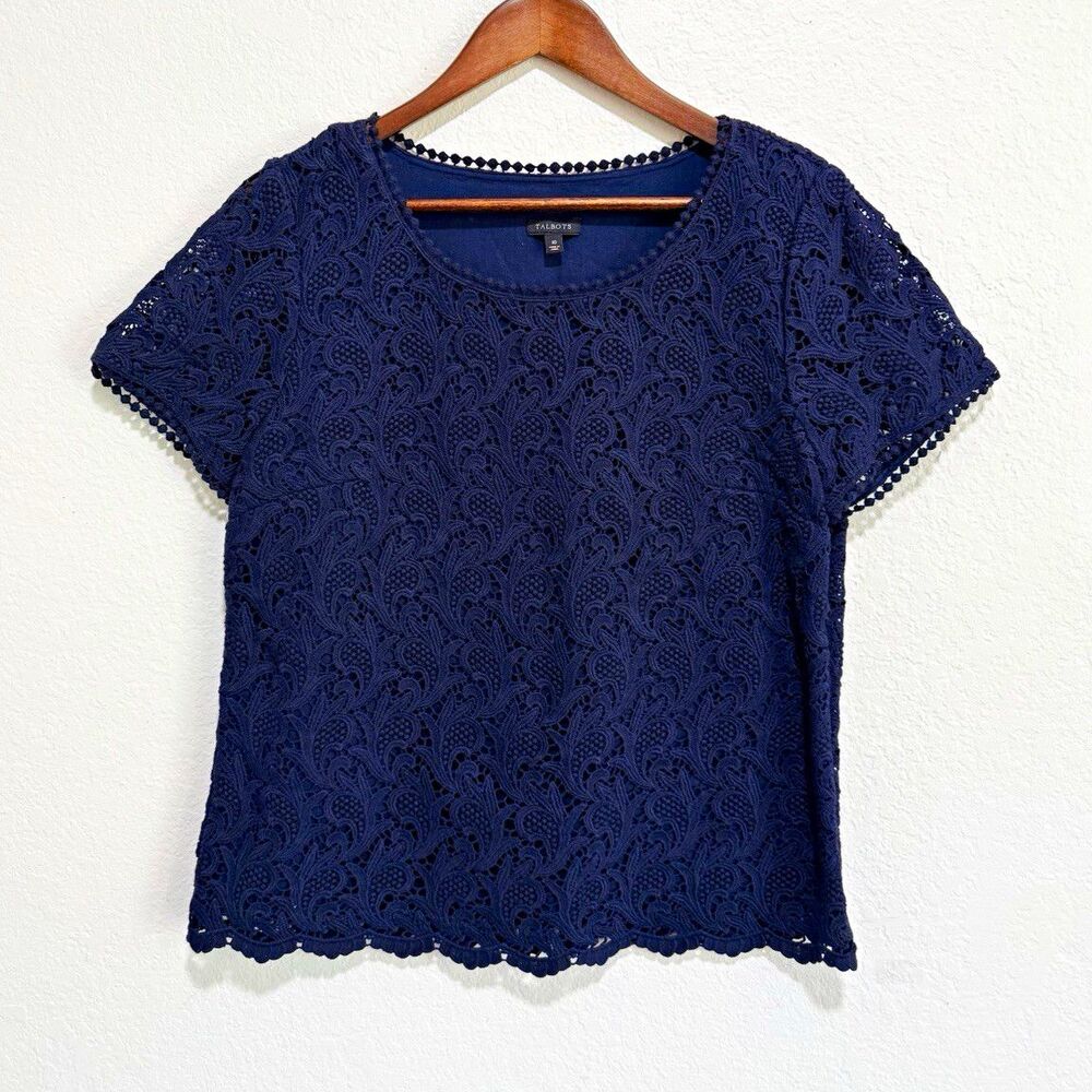 Talbots Navy Floral Lace Blouse Crochet Scalloped Lined 100% cotton size 10